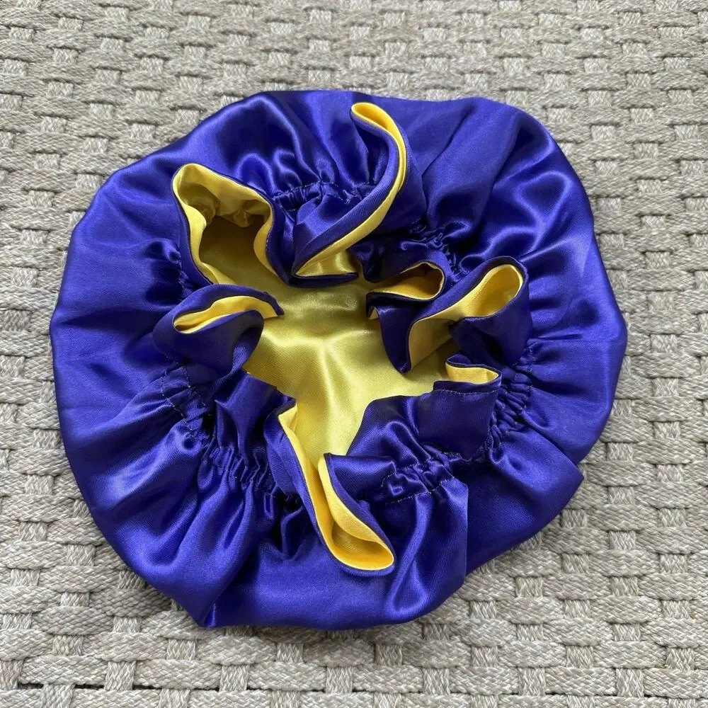 Reversible Satin Sleep Bonnet – Blue & Yellow– Extra Large, Elastic Fit